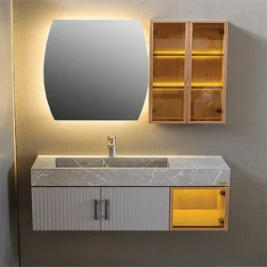 روشویی کابینتی سرامیکی مدرن ترکیب چوب و رنگ طوسی کد 01